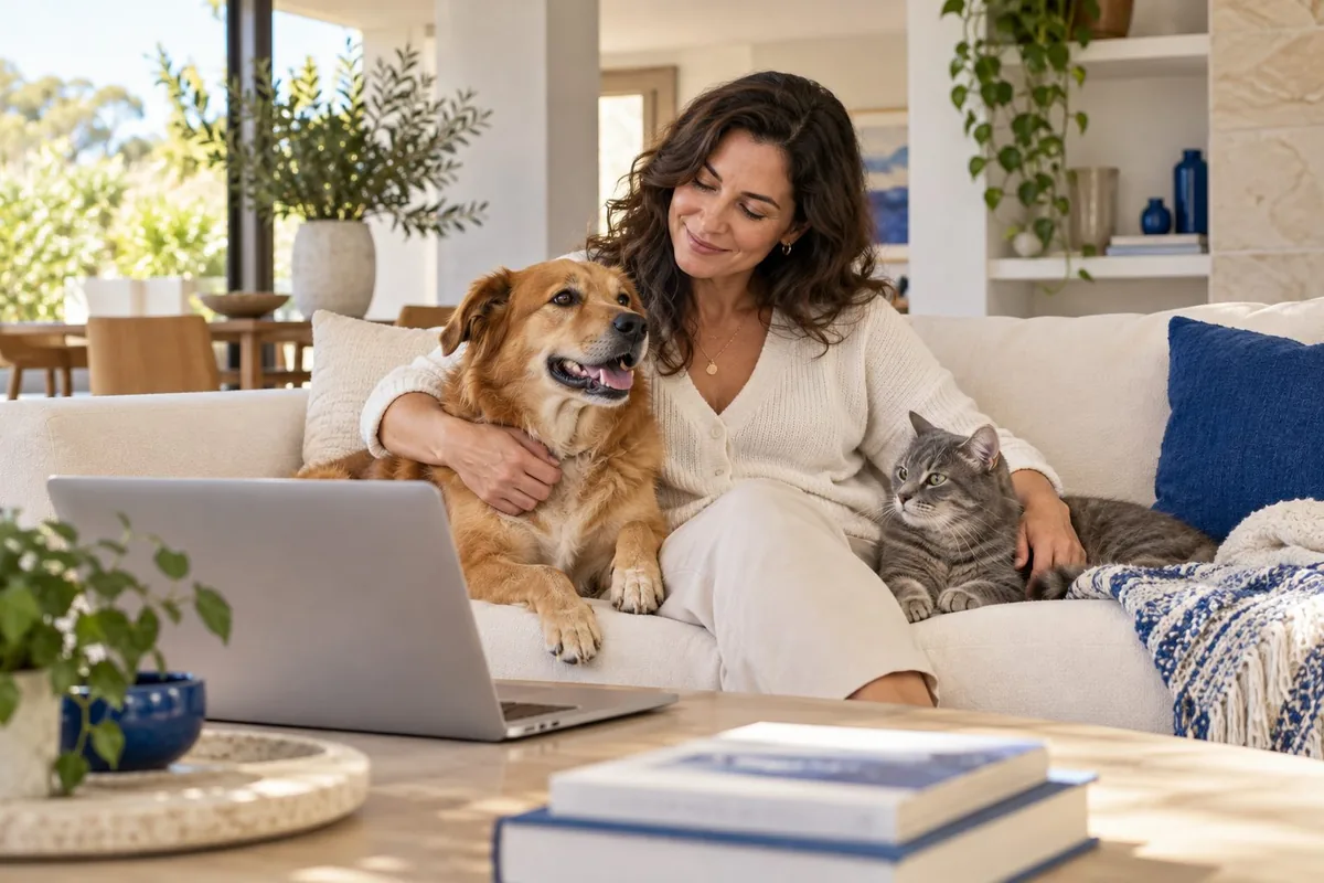 Tutora no sofá com um cachorro e um gato, em frente ao notebook